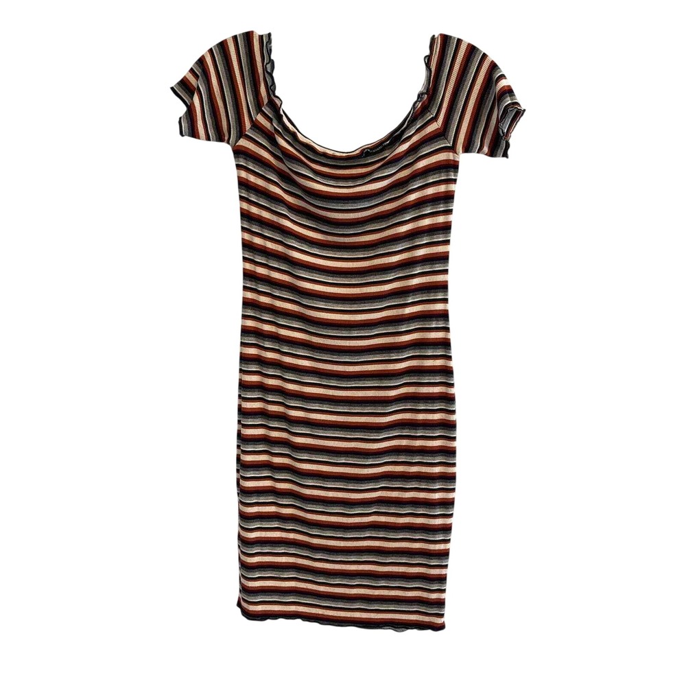 Mikey & Joey Striped Ribbed Lettuce Edge‎ Bodycon Mini Dress Womens Small Multi